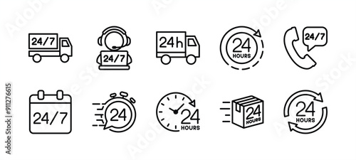 All day 24 hours line icon vector set. Time, clock, timer, stopwatch symbol. Containing delivery, shipping, customer service, contact support, express or fast, call center, calendar, and progress