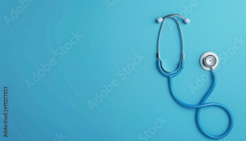 Blue Stethoscope Resting on a Bright Blue Background During Medical Examination