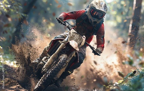 Rugged dirt bike rider tearing through forest trails, highenergy scene, detailed foliage, 8K resolution