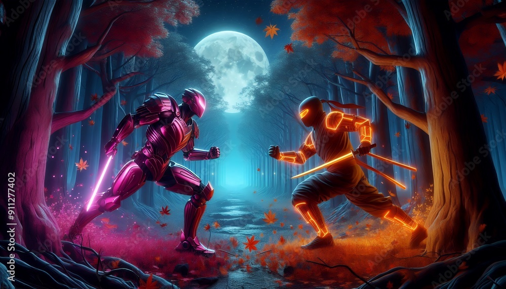 Knight and Ninja engage in fighting. Knight and Ninja engage in fighting.