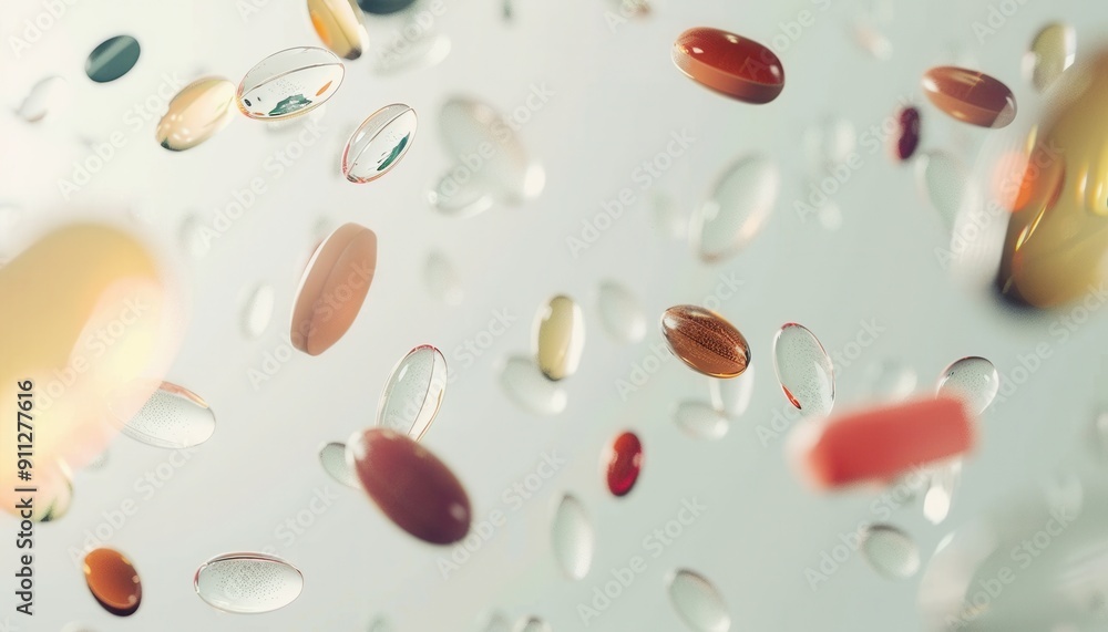 Colorful Capsules and Tablets in Various Shapes Floating Against a Light Background Colorful Capsules and Tablets in Various Shapes Floating Against a Light Background