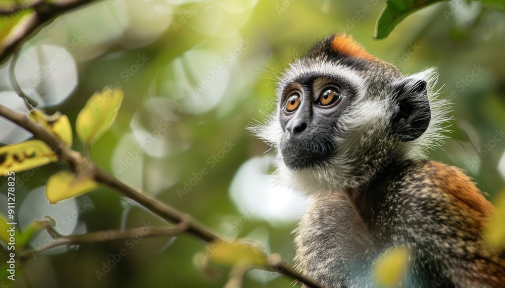 Curious Monkey Observing Surroundings in Lush Forest During Bright Sunny Day Curious Monkey Observing Surroundings in Lush Forest During Bright Sunny Day