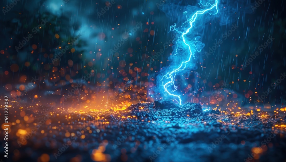 Fototapeta premium A dramatic and powerful lightning strike illuminates the dark night sky