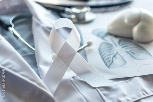 A white awareness ribbon pinned to medical gown for lung cancer awareness campaign 