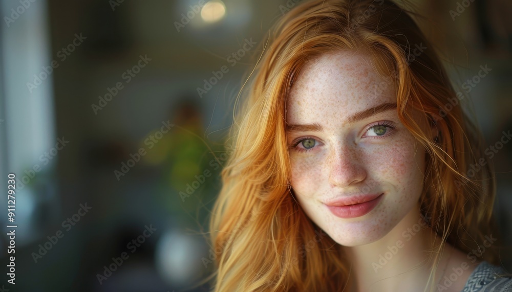 Portrait Of A Young Woman With Freckles Smiling Indoors In Soft Natural Light Portrait Of A Young Woman With Freckles Smiling Indoors In Soft Natural Light