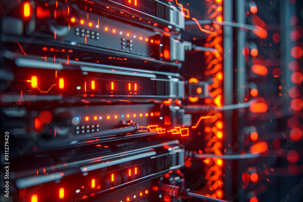 A stack of server racks with blinking lights A stack of server racks with blinking lights