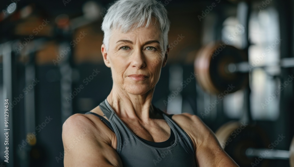 Confident Senior Woman Engaged in Weightlifting Training at Modern Gym Facility in Early Morning Hours Confident Senior Woman Engaged in Weightlifting Training at Modern Gym Facility in Early Morning Hours