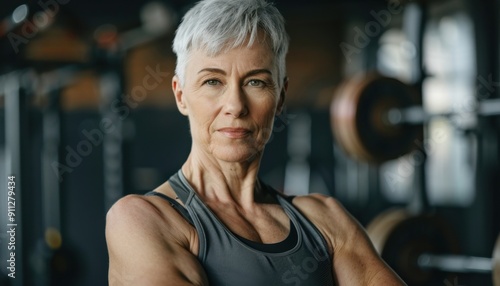 Confident Senior Woman Engaged in Weightlifting Training at Modern Gym Facility in Early Morning Hours