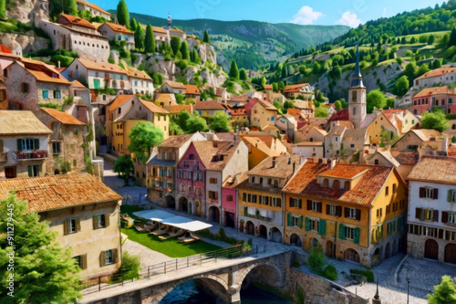 Scenic European Village with Detailed Architecture photo