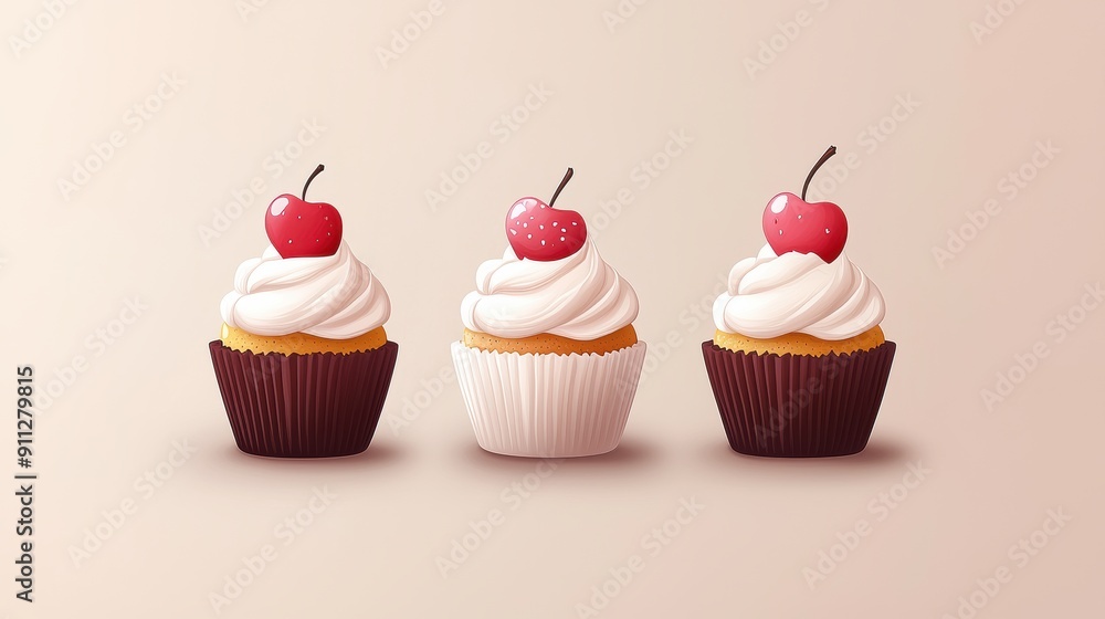 Colorful Cupcakes with Cherries on a Soft Background Colorful Cupcakes with Cherries on a Soft Background