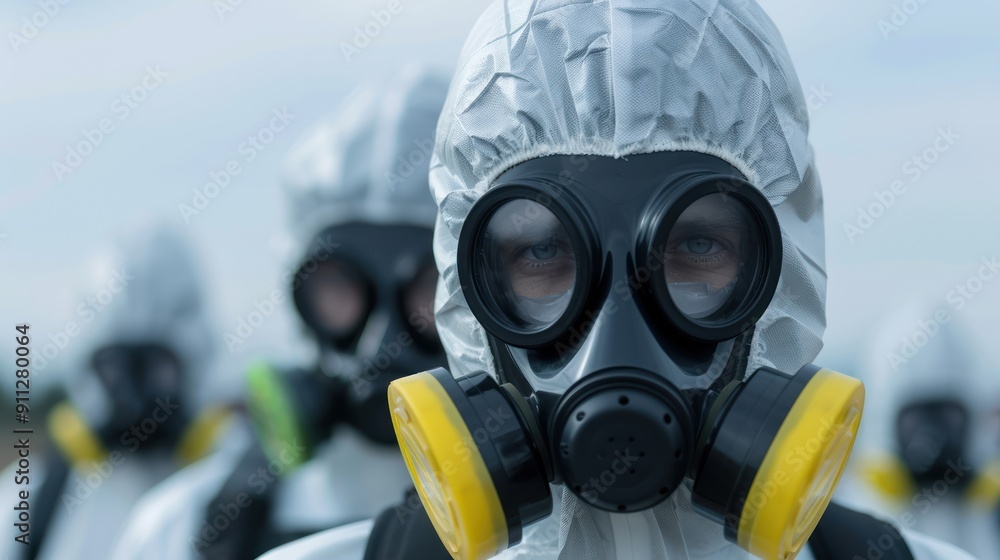 A team of workers in gas masks and protective gear, inspecting chemical storage tanks A team of workers in gas masks and protective gear, inspecting chemical storage tanks