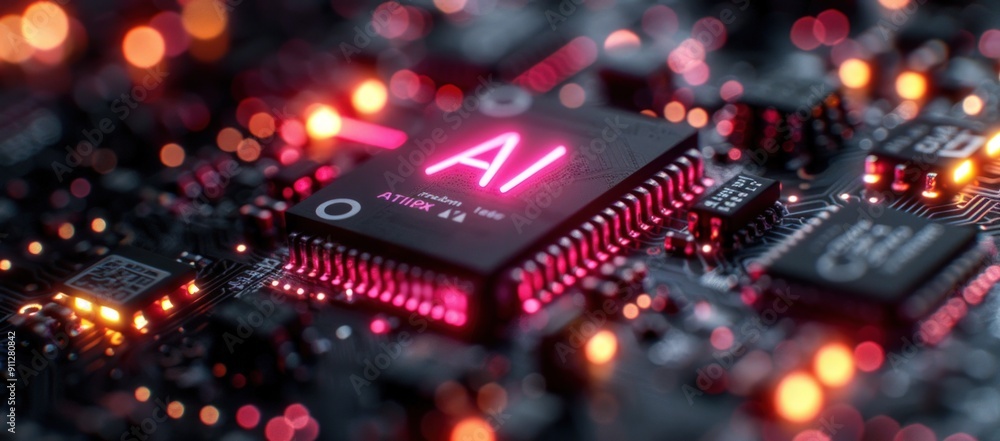 Close-up of a circuit board with a chip that says AI. Close-up of a circuit board with a chip that says AI.