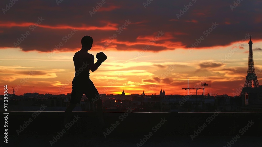 Fototapeta premium Silhouette Boxer Training at Sunset with Eiffel Tower View