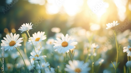 A field of white daisies with a blurred background and sunlight streaming through, capturing nature beauty