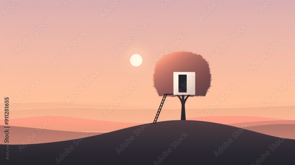 Naklejka premium A plain treehouse with an uncomplicated ladder, minimalist approach, 2D vector, basic shapes, neutral colors