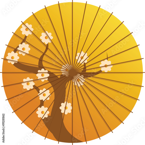 Golden parasol with a cherry tree branch design, ideal for projects related to japanese culture, traditions, and aesthetics