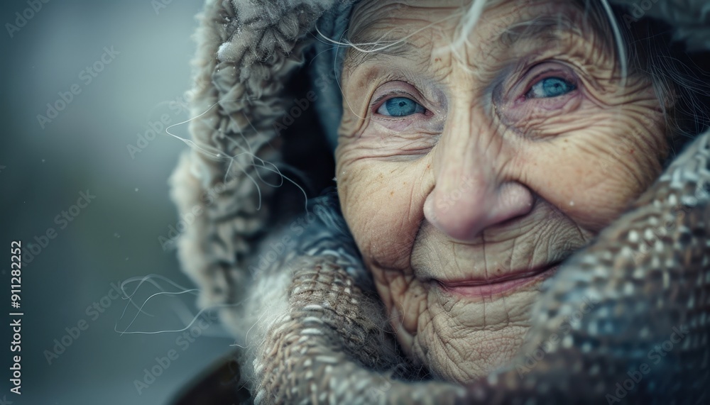Elderly Woman With Blue Eyes Smiling in Cozy Winter Attire Outdoors in Cold Weather Elderly Woman With Blue Eyes Smiling in Cozy Winter Attire Outdoors in Cold Weather