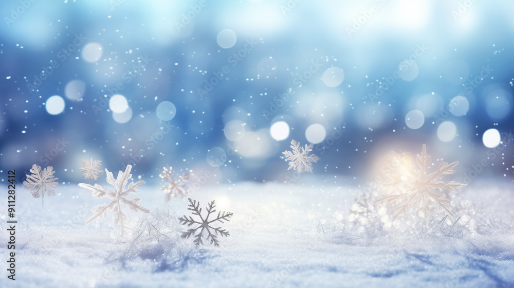 Snowflakes On Snow With Bokeh Of Christmas Lights - Real Snowdrift And Acrylic Crystals Snowflakes On Snow With Bokeh Of Christmas Lights - Real Snowdrift And Acrylic Crystals