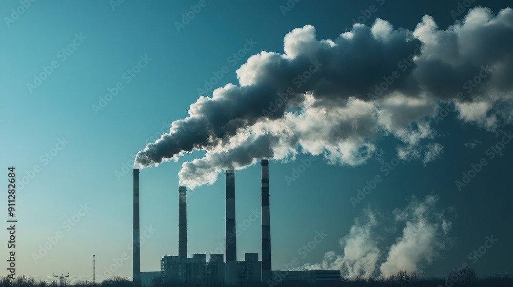 A large industrial plant with four tall smokestacks emitting smoke, A mood of pollution and industrial activity A large industrial plant with four tall smokestacks emitting smoke, A mood of pollution and industrial activity
