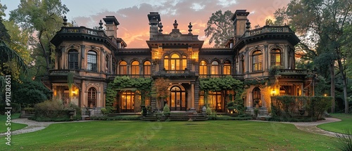 A large house with a large garden and a lot of windows photo