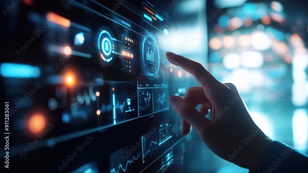 A hand is pointing at a screen with a lot of numbers and graphs. Concept of technology and data analysis A hand is pointing at a screen with a lot of numbers and graphs. Concept of technology and data analysis