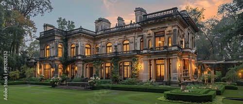 A large house with a large garden and a fountain photo