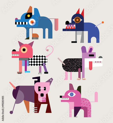 Six color images of a dogs isolated on a light background. Modern art vector illustration of a group of dogs baring their teeth.