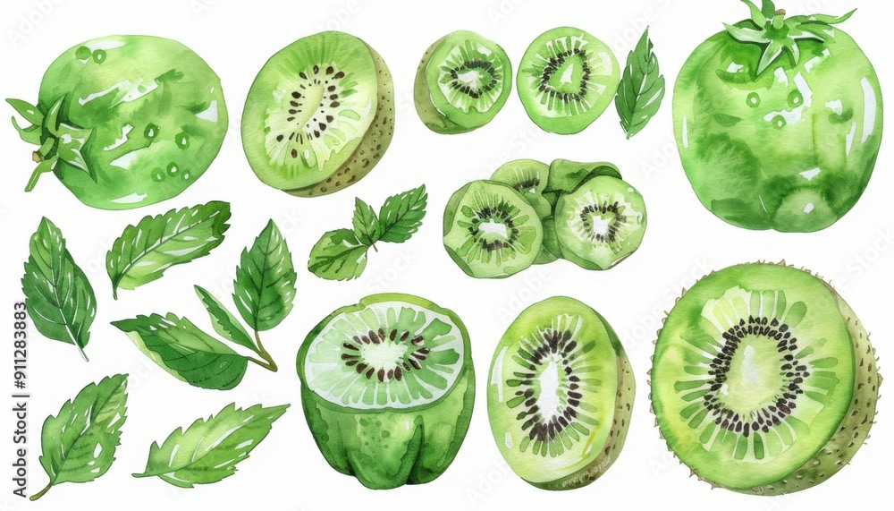 Lush Green Kiwis, Apples, and Mint Leaves Showcased in Artistic Arrangement With Vivid Watercolors Lush Green Kiwis, Apples, and Mint Leaves Showcased in Artistic Arrangement With Vivid Watercolors