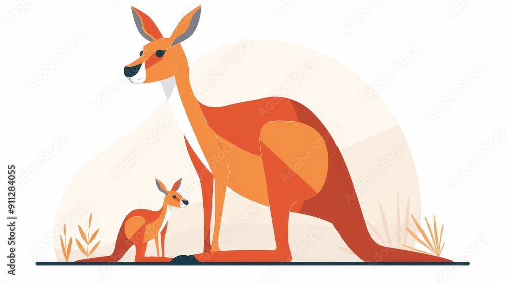 Fototapeta premium Kangaroo and pouch, minimalistic vector art, clean and basic, flat design, soft colors, simplistic and plain, isolated on white