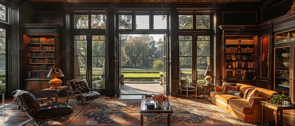 A large, open living room with a view of a park A large, open living room with a view of a park