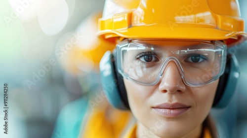 Obraz na płótnie A team of workers, wearing ear protection and safety gear, assembling machinery on a production line w salonie