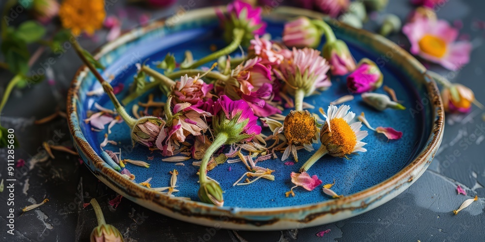 Fototapeta premium Colorful dried chamomile and rose flower. Generation of Ai