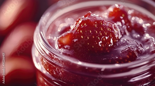 Close-up of a glass jar filled with strawberry jam, highlighting its rich color and chunky texture.