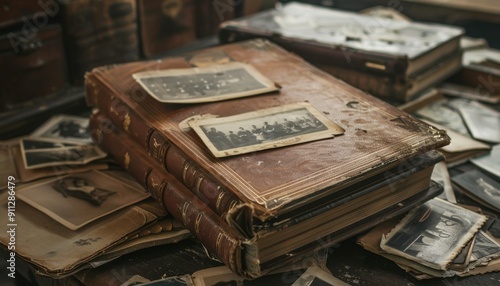 Vintage Collection of Old Photographs and Faded Albums in a Dusty Antique Shop photo