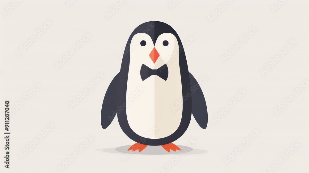 Fototapeta premium Minimalist 2D vector of a penguin in a bow tie, straightforward and clean design, plain background
