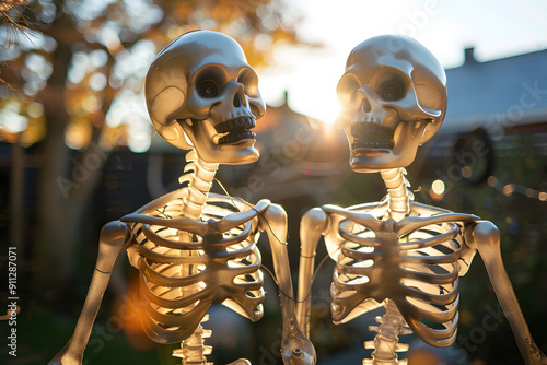 decoration of the happy and playful skeletons at the sunny backyard in blurred background