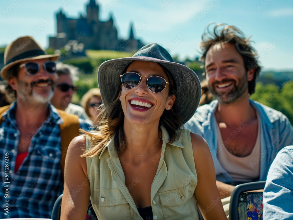A woman wearing a hat and sunglasses is smiling at the camera. She is surrounded by a group of people, including a man with a beard. Scene is cheerful and lighthearted A woman wearing a hat and sunglasses is smiling at the camera. She is surrounded by a group of people, including a man with a beard. Scene is cheerful and lighthearted