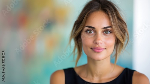 Free Download A woman in a formal dress, sitting in a conference room, giving a confident presentation during an interview - GFXLoad