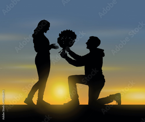 Man kneeling giving flowers to woman outside in park romantic pose silhouette at sunset.