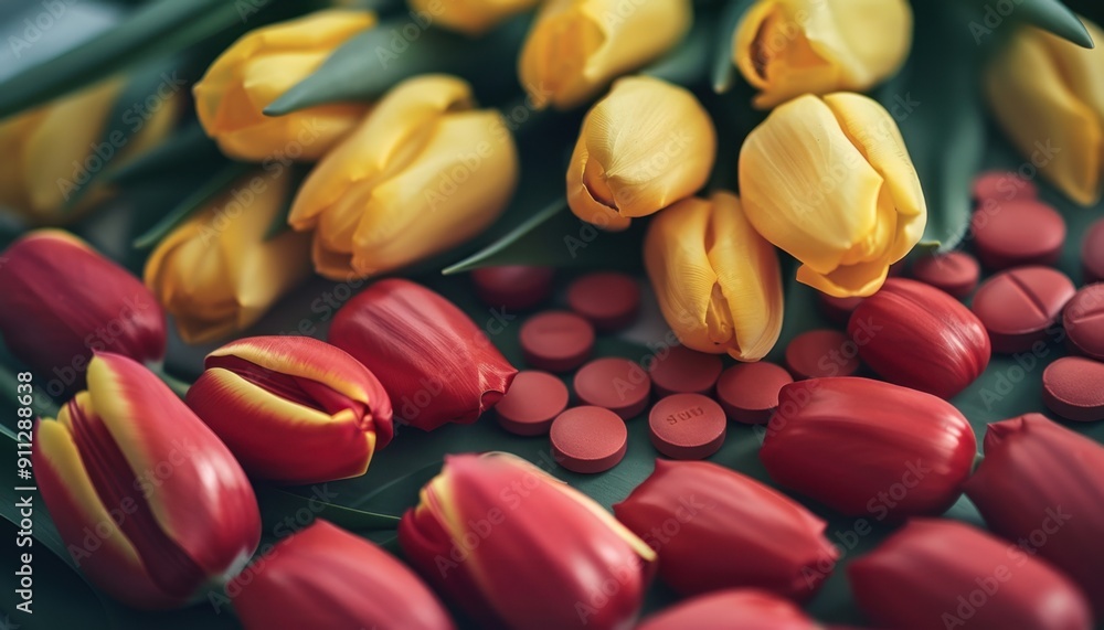 Colorful Arrangement of Yellow Tulips and Red Pills on a Floral Background During Daytime Colorful Arrangement of Yellow Tulips and Red Pills on a Floral Background During Daytime