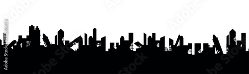 Silhouette of a destroyed city on a white background. Ruins after a war or earthquake, a disaster in the city. Vector.