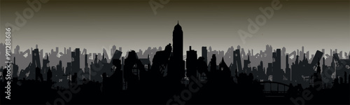 Panarma ruined city. Terrible evening twilight. Earthquake or war. Sad landscape of destruction. Vector.