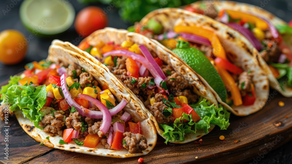 Top-down view of tortillas filled with assorted vegetables and beef, suitable for tacos or burritos, against a dark backdrop with available copy space image. Top-down view of tortillas filled with assorted vegetables and beef, suitable for tacos or burritos, against a dark backdrop with available copy space image.
