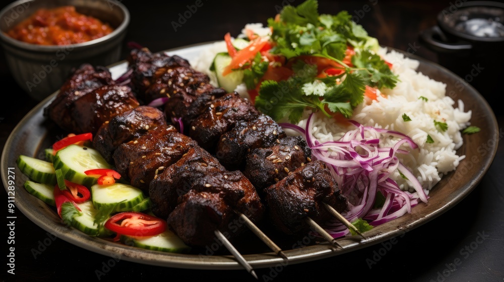 spicy suya kebab on skewers with fresh vegetable salad and ketchup close-up. spicy suya kebab on skewers with fresh vegetable salad and ketchup close-up.