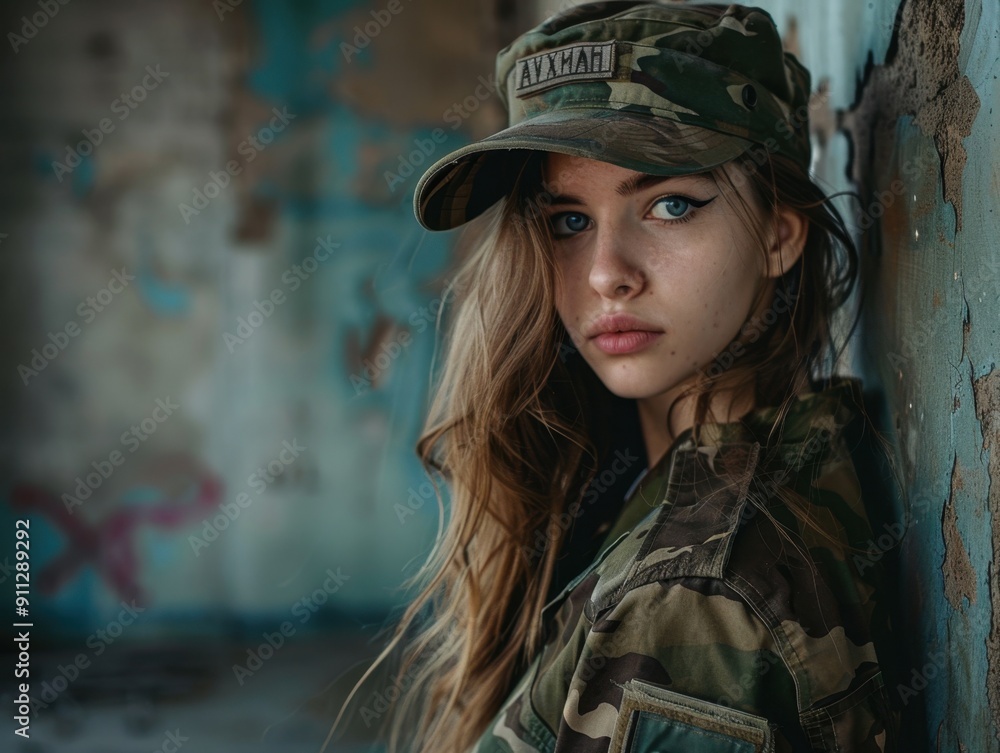 Young Woman Soldier Posing Confidently in Military Camouflage Uniform Against Weathered Wall Young Woman Soldier Posing Confidently in Military Camouflage Uniform Against Weathered Wall