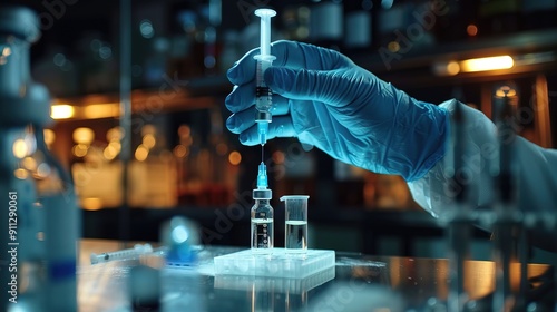 Close-up of a person's hands wearing blue gloves while drawing a clear liquid from a vial into a syringe, suggesting a medical or laboratory setting