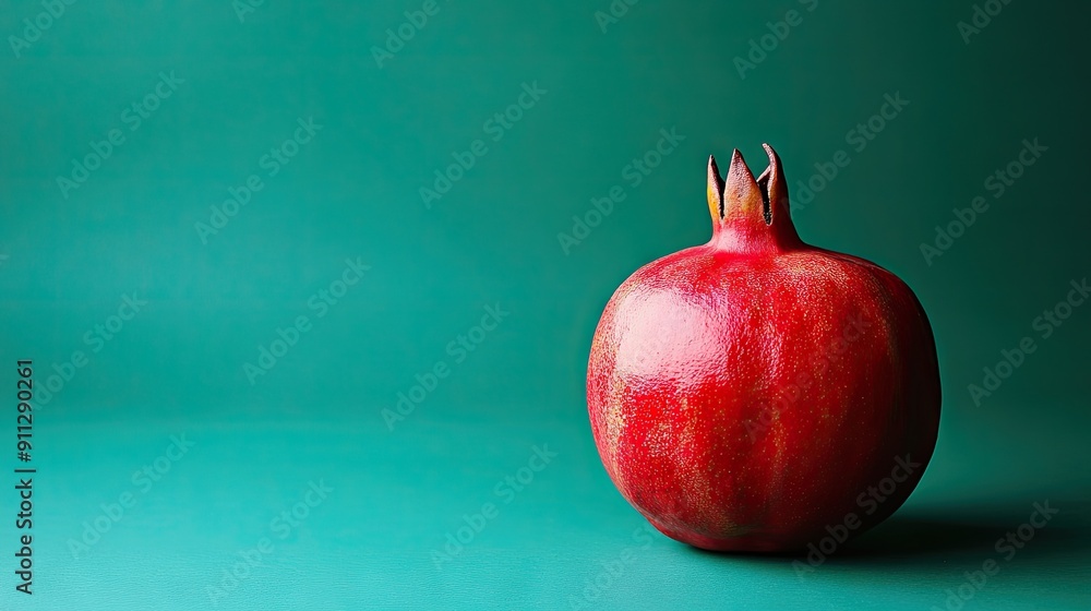 A ripe pomegranate on a plain green background, with room for text.