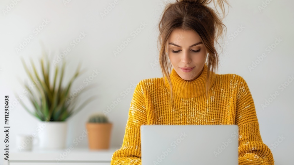 A woman in casual clothes, focused on her computer screen while filling out an online job application