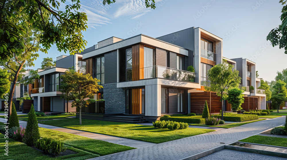 Fototapeta premium Street with modern modular private townhouses. Appearance of residential architecture.