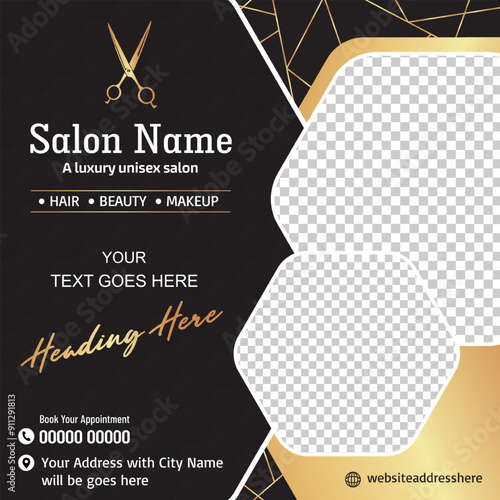 Beauty Salon Flyer Poster Design with Photo Placeholder Black and Golden Color